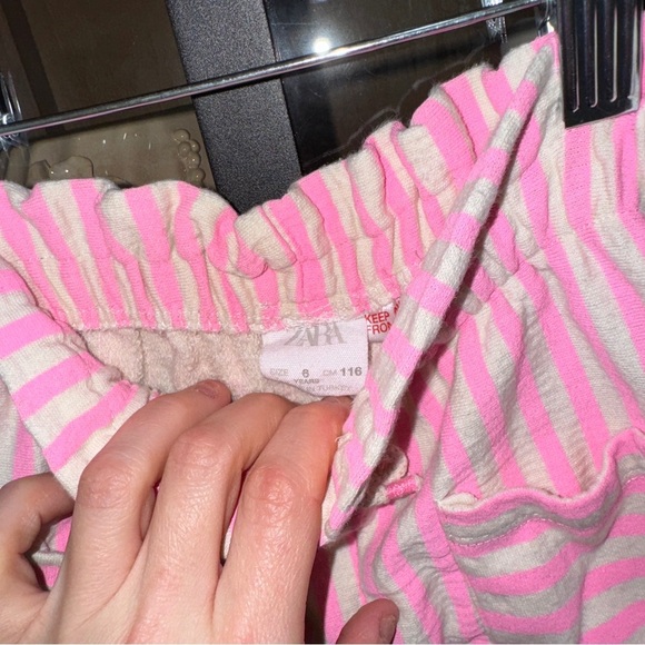 Zara Kids beige neon pink striped shorts elastic paperbag waistband pockets girl - Picture 4 of 6